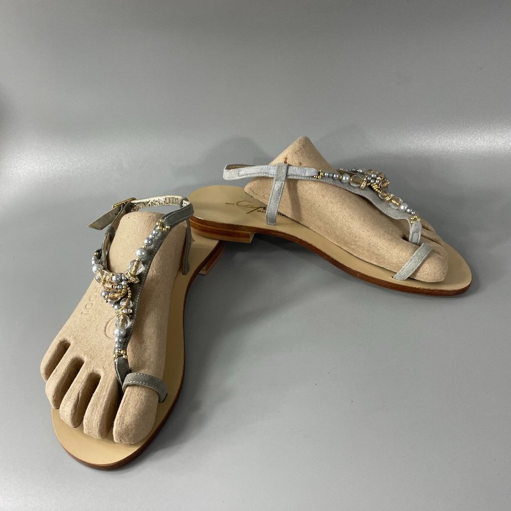 Capri Made in Italy Suede Leather Toe-hoop T-Strap Jewelry Sandals, Size 40